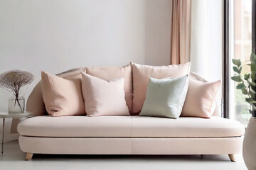 White cushions  on white sofa against of window. Scandinavian style interior design of modern...