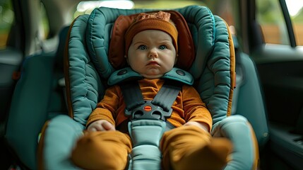 Serious baby with a frown wearing an orange hat secured in a car seat. - obrazy, fototapety, plakaty