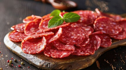 Artfully arranged salami slices with basil on a rustic wooden board. - obrazy, fototapety, plakaty