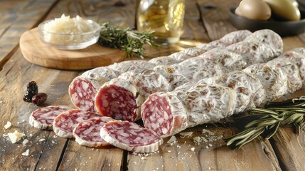 Sliced cured salami on wooden board with cheese, olives, and herbs.