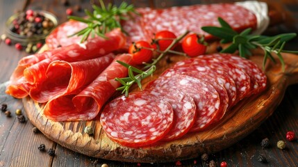 A wooden board with bresaola and salami, tomatoes, and rosemary.