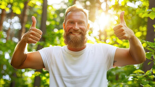 Joyful bearded man giving two thumbs up in sunny natural setting.