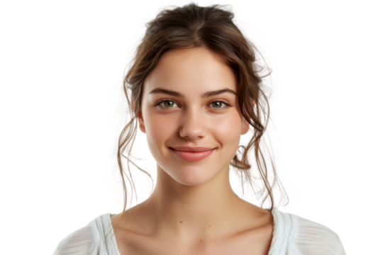 Studio portrait of a beautiful young woman with an attractive smile wearing casual outfits looking at camera, isolated on transparent png background.	