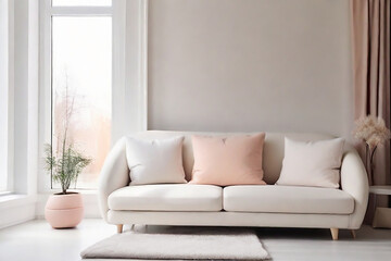 White cushions  on white sofa against of window. Scandinavian style interior design of modern minimalist living room. Generative AI