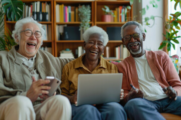 Diverse senior people sitting at home laughing with laptop - obrazy, fototapety, plakaty