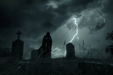 Silhouette of a sinister reaper in a cemetery