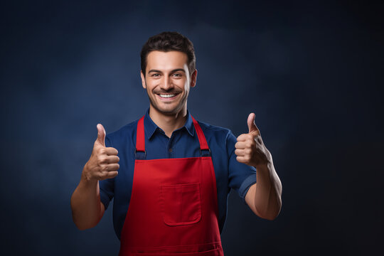 homme souriant, brun cheveux courts portant une chemise bleue et un tablier rouge, qui a les pouces en l'air pour dire "super" sur un fond bleu fonc&eacute; d&eacute;grad&eacute;. M&eacute;tier du vin, boucherie, primeur 