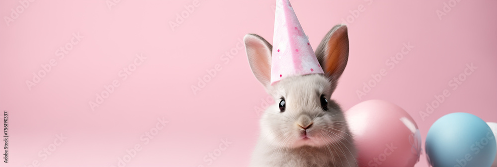 Wall mural Happy Easter bunny with party hat on pastel pink background with copy space