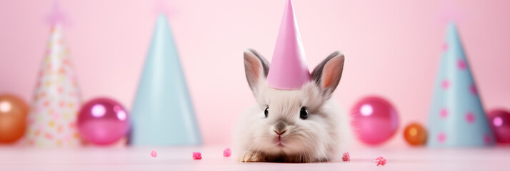 Happy Easter bunny with party hat on pastel pink background with copy space