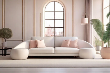 White cushions  on white sofa against of window. Scandinavian style interior design of modern minimalist living room. Generative AI