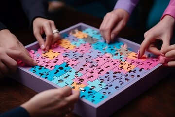 A team of businessmen assembles a multi-colored business puzzle, the details of which depict industrial enterprises
