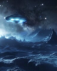 3D-rendered UFO exploring the unknowns of a dark galaxy - obrazy, fototapety, plakaty