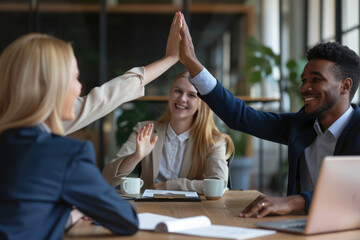 Excited business team giving high five at briefing, sitting at table in boardroom, motivated for shared success