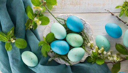 Fototapeta na wymiar Aqua Aura: Stunning Top View of Blue and Green Easter Eggs