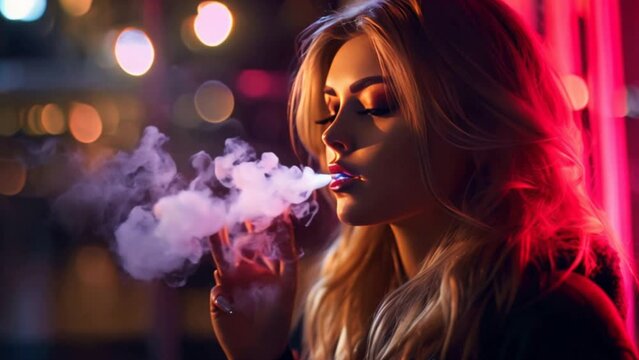 Stressed woman smokes electric cigarette to relax. Neon lights