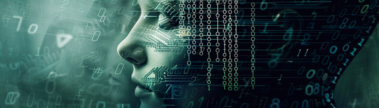 Create a captivating artwork that symbolizes the passing of time through the combination of binary code and a face