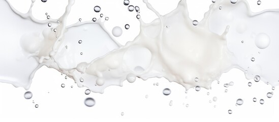 A macro monochrome photograph capturing a closeup of a water splash with bubbles on a white background. The transparent water creates circular patterns, showcasing the beauty of liquid science