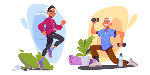 Senior people doing sports. Cartoon vector illustration set of elderly woman jogging outside and man doing exercises with weights at home. Active and healthy lifestyle and care of grandparent.