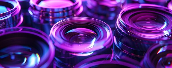 The fluorescent beauty of lens elements and the precision of the zoom mechanism under laser and black light captured in a detailed lab environment closeup