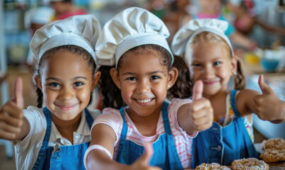 Group of happy diverse kids in kitchen. Positive happy baking and cooking