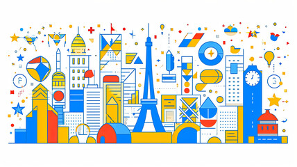 simple line art minimalist collage illustration with professional equestrian athlete and Eiffel Tower in the background, olympic games, wide lens