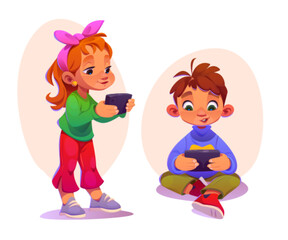 Kids playing with mobile phone. Cartoon vector illustration set of cute little boy sitting on floor and girl standing and using smartphone. Child game and device addict or gadget for online study. - obrazy, fototapety, plakaty