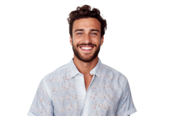 Studio portrait of a handsome young white Americana man with a beautiful smile wearing casual outfits looking at camera, isolated on transparent png background.	