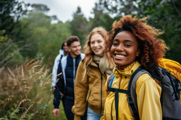 Naklejka na ściany i meble Group of young friends hiking in countryside