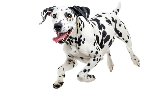 Running happy dalmatian dog isolated on a white background Running happy dalmatian dog isolated on transparent background 