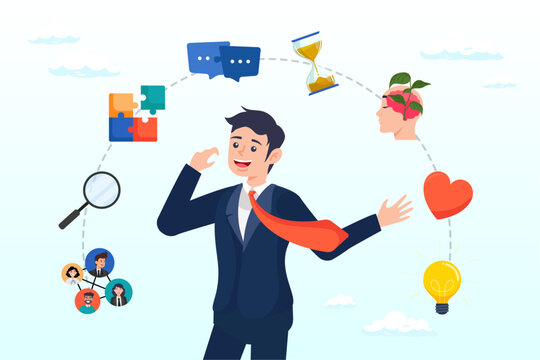 Problem solving and creativity, soft skills or personal attribute to be success, confident businessman with elements of soft skills, networking, empathy, time management, communication skill (Vector)