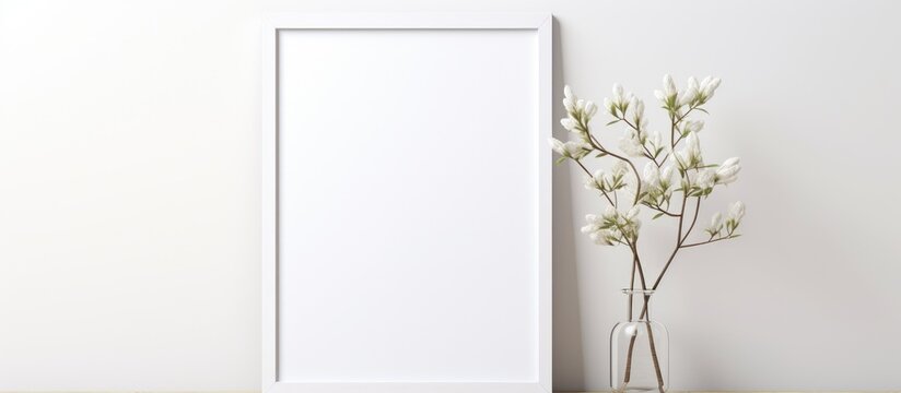 A rectangular white picture frame is hanging on a wall beside a vase filled with beautiful flowers. The wood frame contrasts with the delicate petals and twigs in the flowerpot