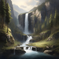 A waterfall in the middle of the mountain forest