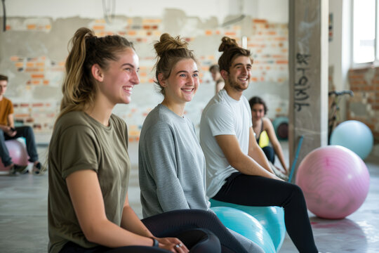 Happy young people sitting on balls after physical classes in the studio