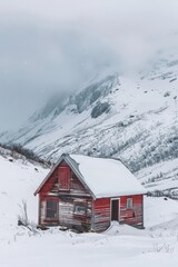 Small red hut sits in a snow covered landscape

