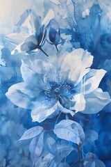 blue and white flower wall decor, in the style of translucent overlapping, neotraditional, watercolor illustrations, luxurious fabrics, skillful composition, vibrant color schemes