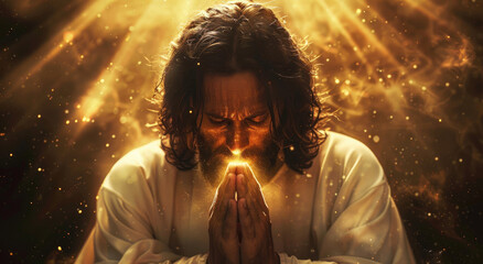 Jesus Christ praying for god in heaven light