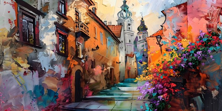 painting of a city with old buildings and flowers, in the style of tilt shift, expressive impasto texture, ceramic, dense compositions, romantic landscape, high detailed,