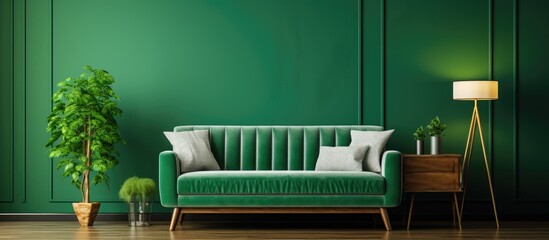 Green sofa with table on green wall and wooden flooring.