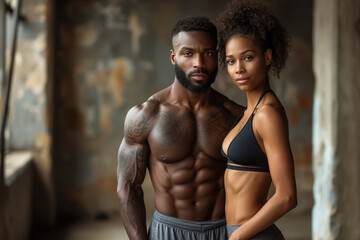 Fototapeta na wymiar Slim and athletic African American man and woman fitness models stand side by side in the gym, both dressed in workout clothes