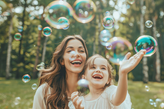 mother and daughter happily playing with bubbles in the park
