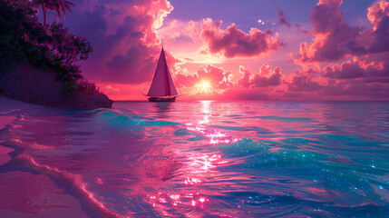 A sailboat glides through iridescent waters around an uninhabited island where the beaches glow with phosphorescent sands under a neonpink sky