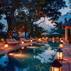 A serene poolside where lounge chairs are bathed in the soft electric glow of surrounding lanterns inviting imaginary guests to bask in the warmth of the night