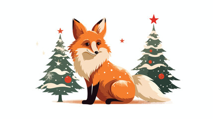 Colorful illustration christams fox. Vintage christm