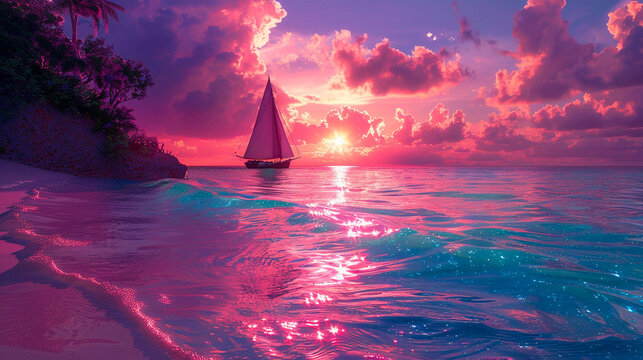 A sailboat glides through iridescent waters around an uninhabited island where the beaches glow with phosphorescent sands under a neonpink sky