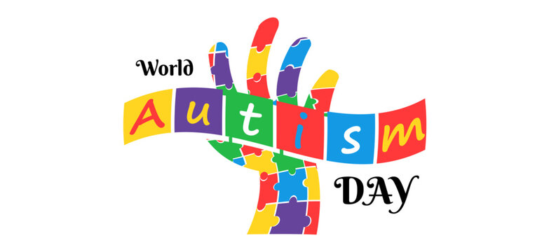 Puzzle hand holding text world autism awareness day banner poster illustration vector design