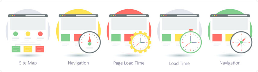 A set of 5 Web Layout icons as site map, navigation, page load time - obrazy, fototapety, plakaty
