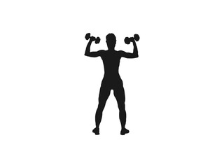 Man and woman body silhouettes. Active woman stands with her hand. Vector gym silhouette with dumbbells and barbell. Healthy woman taking off his shirt to flex his back muscles on isolated background.