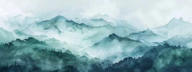 Foto op Plexiglas diffuse gradients,Chinese landscape,mountain,wet ink,green and blue,minimalist,chinese brush painting © paisorn