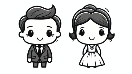 Obraz na płótnie Canvas Couple marriage cute cartoon black and white flat vector