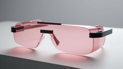A stunning, minimalist, thin lightweight pink translucent glass VR glasses designed by BRAUN, Dieter Rams. Product ad retro. industrial design inspiration. Unreal engine render, natural lighting. - obrazy, fototapety, plakaty